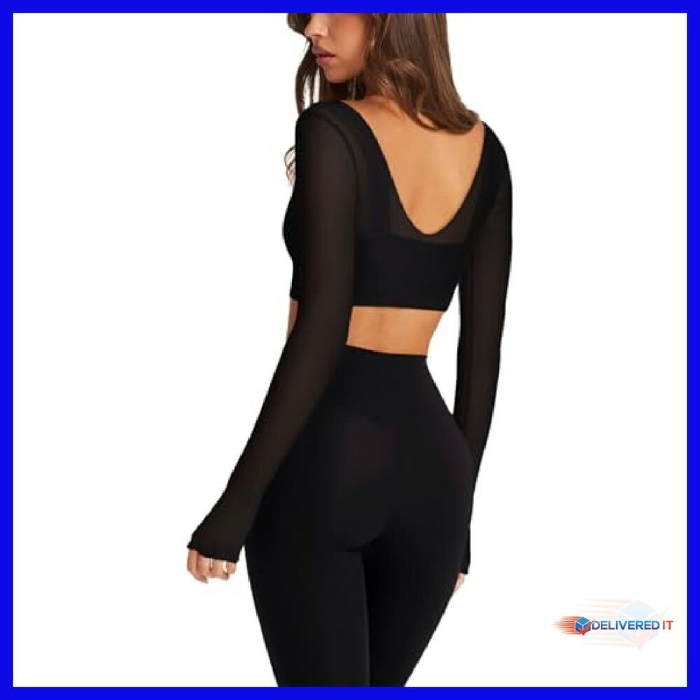 Mesh Long Sleeve Crop Top Double Lined Built-in Bra Workout Shirt - Picture 4 of 7